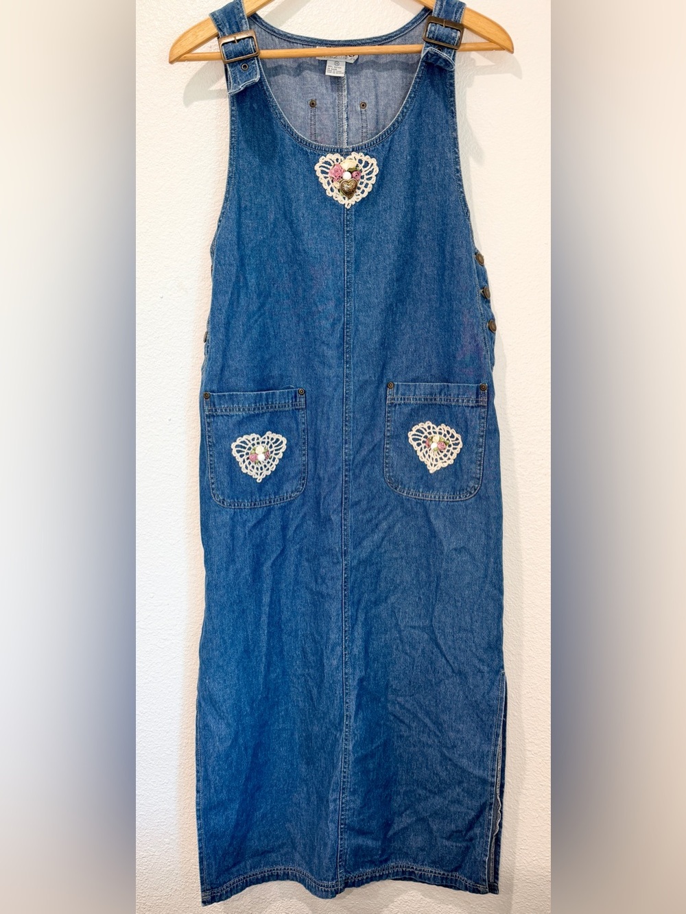 Vintage 90s HAIKS Denim Maxi Jumper Dress Crochet Lace Heart Floral Side Slit M